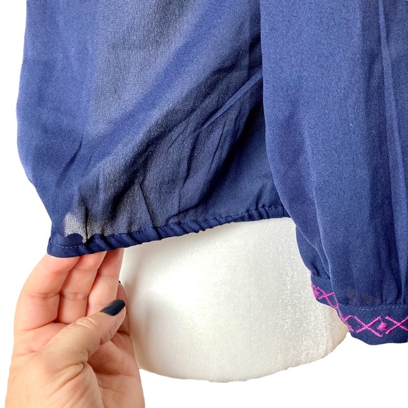 American Eagle long sleeve navy sheer blouse top with purple embroidery-Sz S - Picture 13 of 13